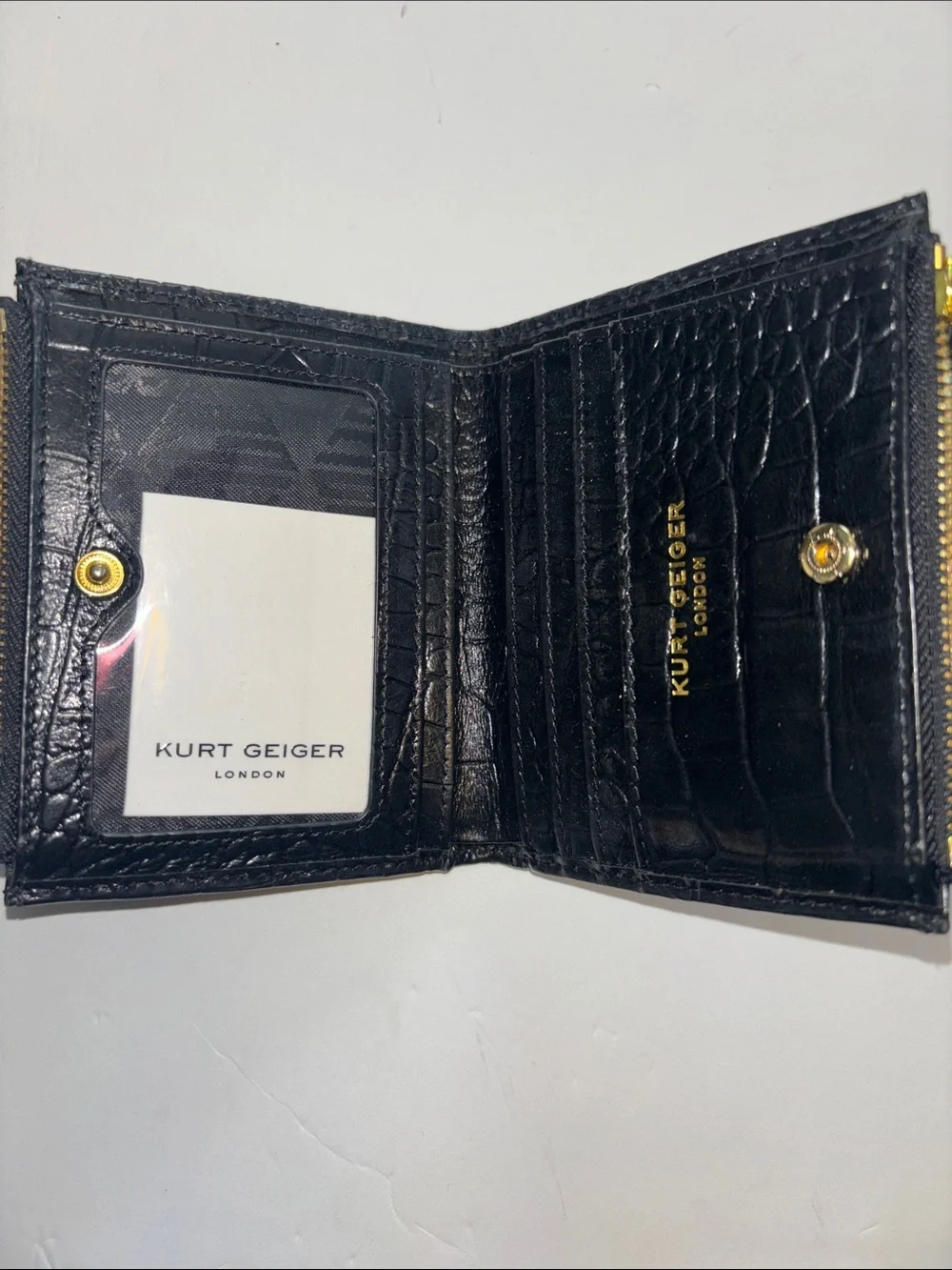KURT GEIGER BLACK EMBOSSED LEATHER WALLET SNAP CLOSURE 2 GOLD TONED ZIP POCKETS